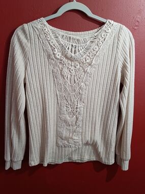 Women’s Long Sleeve Lace-Trim Ribbed Top - Cream